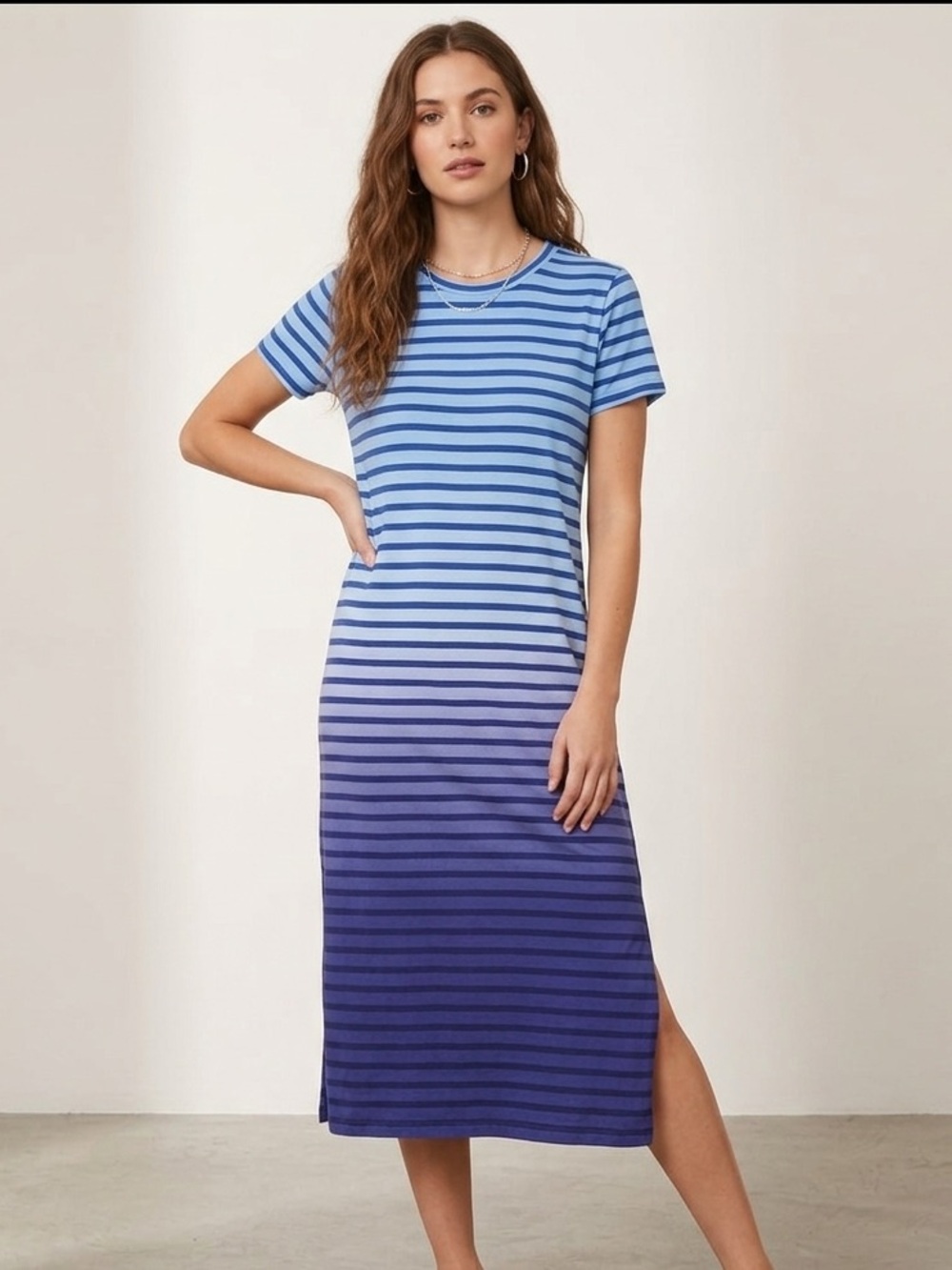 J Crew Blue Dip Dye Striped T Shirt Dress